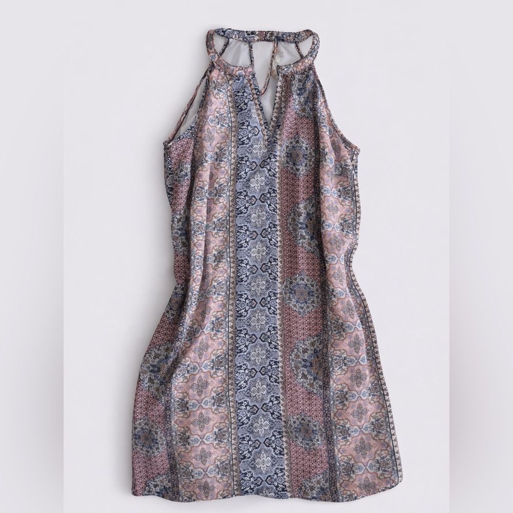 Pink Rose Strapless Boho Mini Dress in Pink and Blue